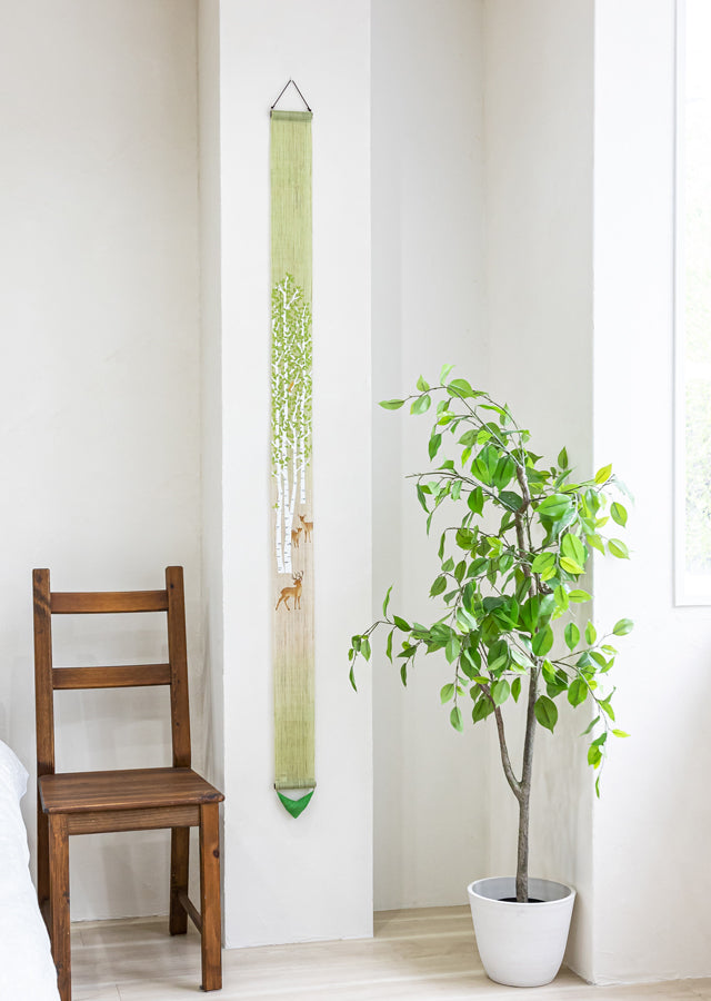 Hand-dyed Linen Japanese Narrow Tapestry - Deer and White Birch -, Kyoto Noren, Japanese wall hanging scroll
