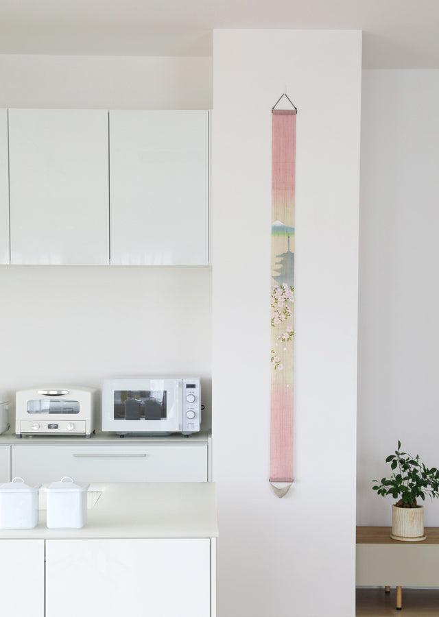Hand-dyed Linen Japanese Narrow Tapestry - Mt.Fuji and Cherry Blossom -, Kyoto Noren, Japanese wall hanging scroll