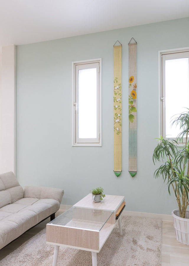 Hand-dyed Linen Japanese Narrow Tapestry - Long-tailed Tit -, Kyoto Noren, Japanese wall hanging scroll