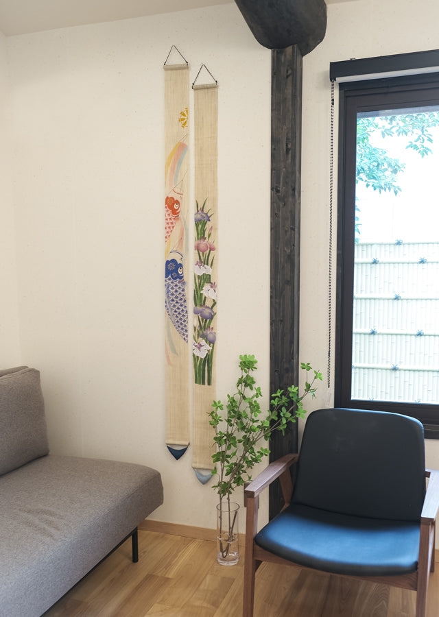 Hand-dyed Linen Japanese Narrow Tapestry - Koinobori (carp-shaped streamer) -, Kyoto Noren, Japanese wall hanging scroll