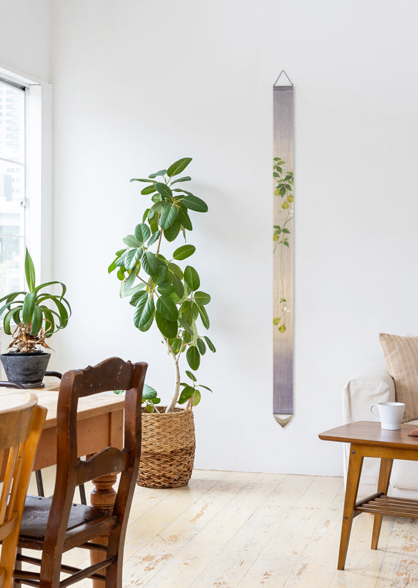 Hand-dyed Linen Japanese Narrow Tapestry - Balloon Vine -, Kyoto Noren, Japanese wall hanging scroll