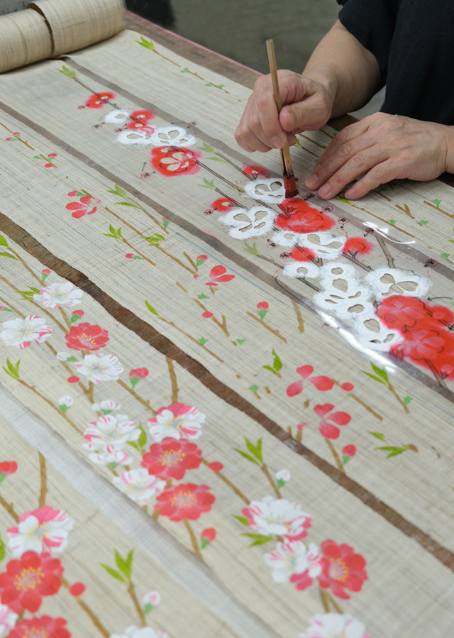 Hand-dyed Linen Japanese Narrow Tapestry - Hana Peach -, Kyoto Noren, Japanese wall hanging scroll