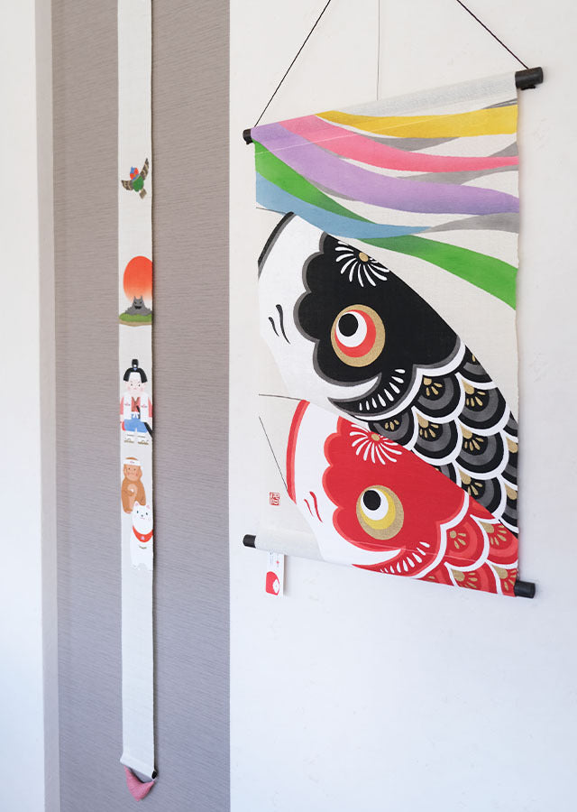 Hand-dyed Linen Japanese Narrow Tapestry - Momotaro (Peach Boy) -, Kyoto Noren, Japanese wall hanging scroll