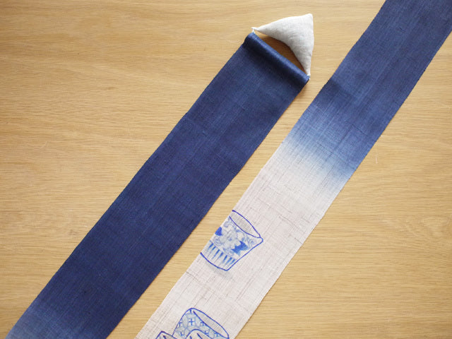 Hand-dyed Linen Japanese Narrow Tapestry - Japanese Soba Choko Cup / Blue -, Kyoto Noren, Japanese wall hanging scroll