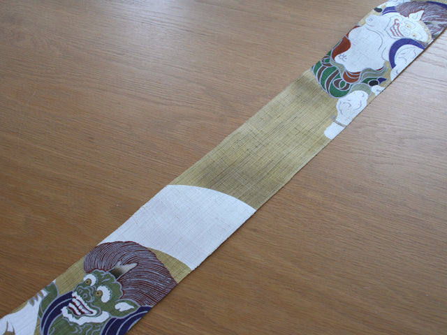 Hand-dyed Linen Japanese Narrow Tapestry - Fujin & Raijin(Wind God & Thunder God) -, Kyoto Noren, Japanese wall hanging scroll