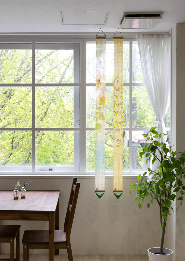 Hand-dyed Linen Japanese Narrow Tapestry - Sunflower and Squirrel -, Kyoto Noren, Japanese wall hanging scroll