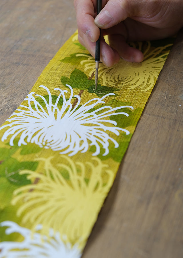 Hand-dyed Linen Japanese Narrow Tapestry - Chrysanthemum -, Kyoto Noren, Japanese wall hanging scroll