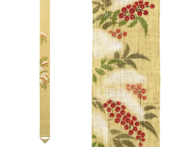 Hand-dyed Linen Japanese Narrow Tapestry - Snow-covered Nandina -, Kyoto Noren, Japanese wall hanging scroll