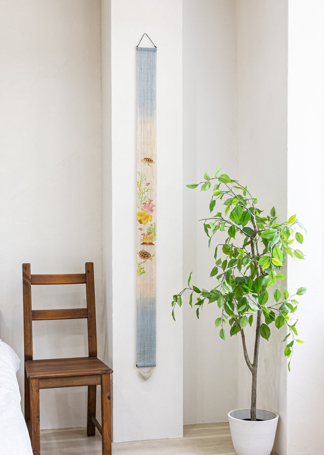 Hand-dyed Linen Japanese Narrow Tapestry - Coral Reef -, Kyoto Noren, Japanese wall hanging scroll