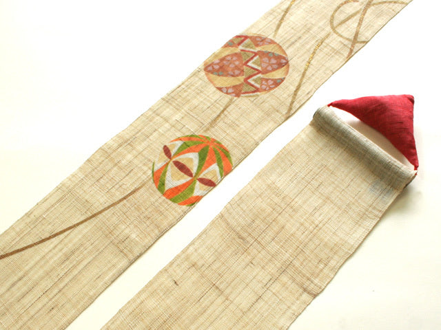 Hand-dyed Linen Japanese Narrow Tapestry - Temari(traditional japanese embroidered ball) -, Kyoto Noren, Japanese wall hanging scroll