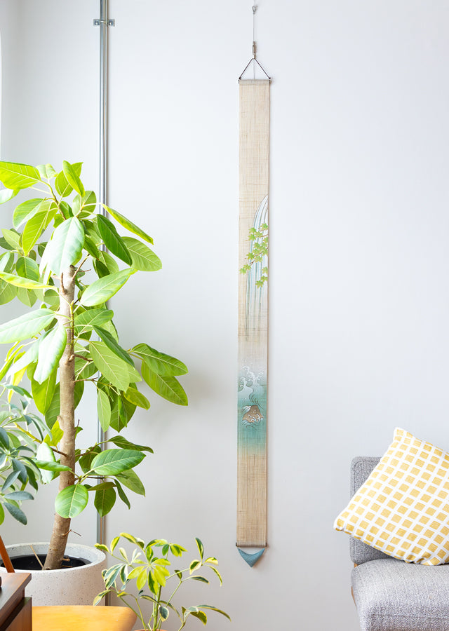 Hand-dyed Linen Japanese Narrow Tapestry - Waterfall -, Kyoto Noren, Japanese wall hanging scroll