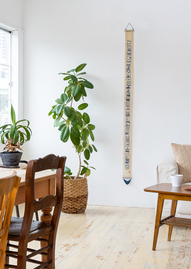 Hand-dyed Linen Japanese Narrow Tapestry - Stack Up Japanese Soba Choko Cup -, Kyoto Noren, Japanese wall hanging scroll