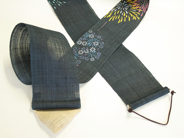 Hand-dyed Linen Japanese Narrow Tapestry - Fireworks -, Kyoto Noren, Japanese wall hanging scroll