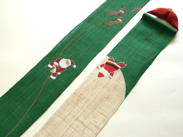 Hand-dyed Linen Japanese Narrow Tapestry - Santa Claus and Reindeer -, Kyoto Noren, Japanese wall hanging scroll