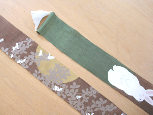 Hand-dyed Linen Japanese Narrow Tapestry - Bush Clover and Rabbit -, Kyoto Noren, Japanese wall hanging scroll