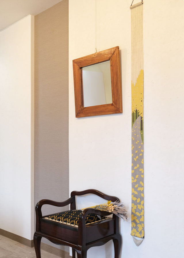 Hand-dyed Linen Japanese Narrow Tapestry - Ginkgo Tree Line -, Kyoto Noren, Japanese wall hanging scroll