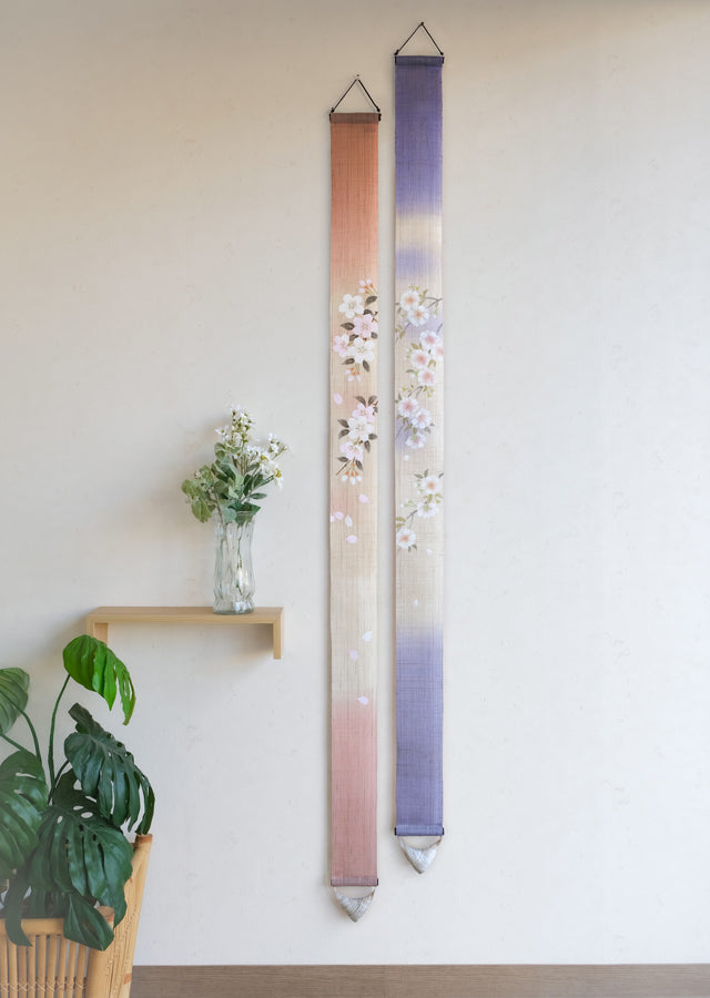 Hand-dyed Linen Japanese Narrow Tapestry - Double Cherry Blossom / Purple -, Kyoto Noren, Japanese wall hanging scroll