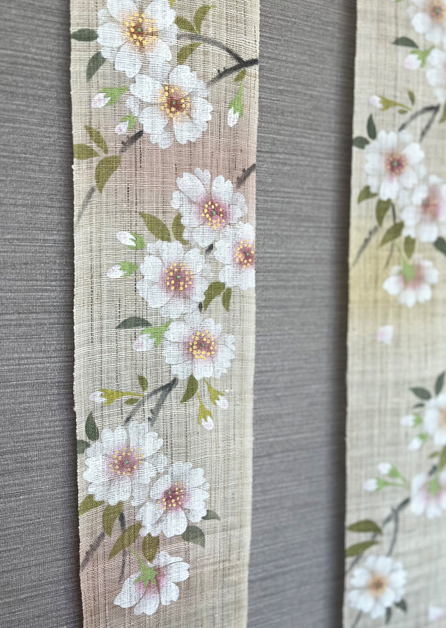 Hand-dyed Linen Japanese Narrow Tapestry - Double Cherry Blossom or Prunus Serrulata -, Kyoto Noren, Japanese wall hanging scroll