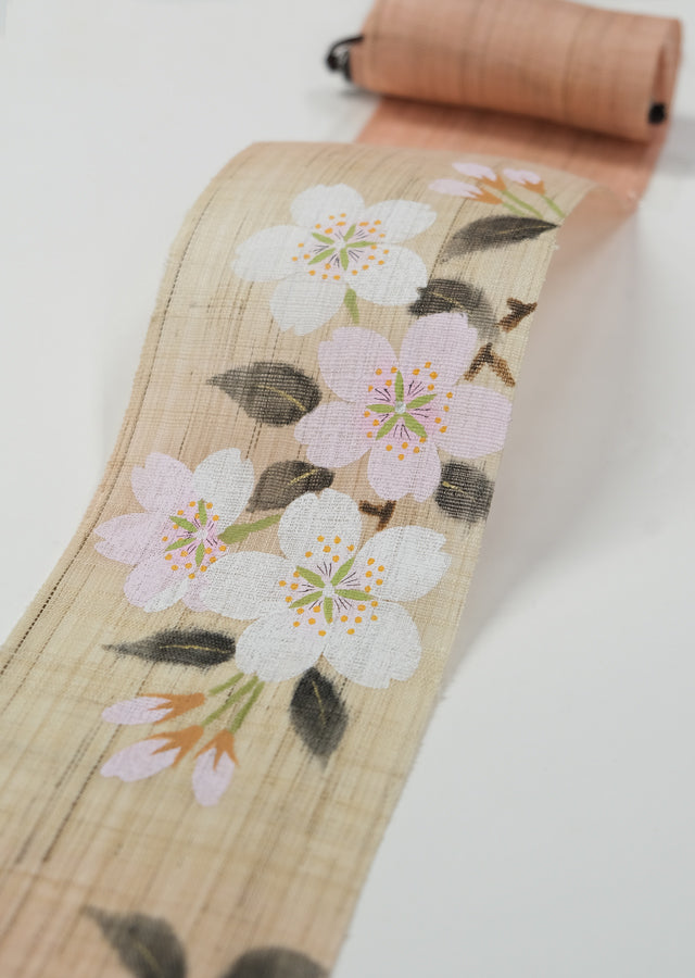 Hand-dyed Linen Japanese Narrow Tapestry - Prunus Serrulata(Japanese Cherry Blossom) / Pink -, Kyoto Noren, Japanese wall hanging scroll
