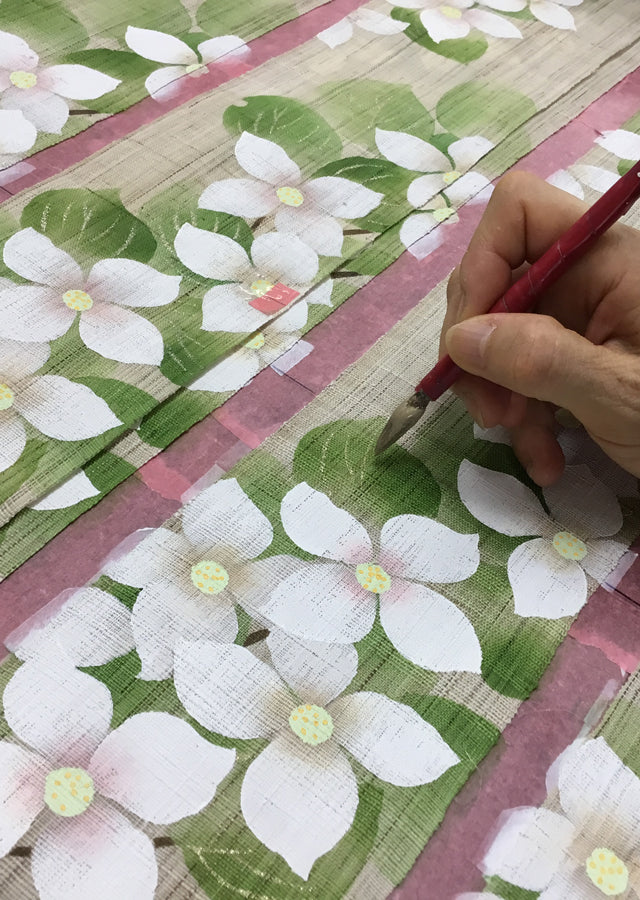 Hand-dyed Linen Japanese Narrow Tapestry - Japanese Flowering Dogwood -, Kyoto Noren, Japanese wall hanging scroll