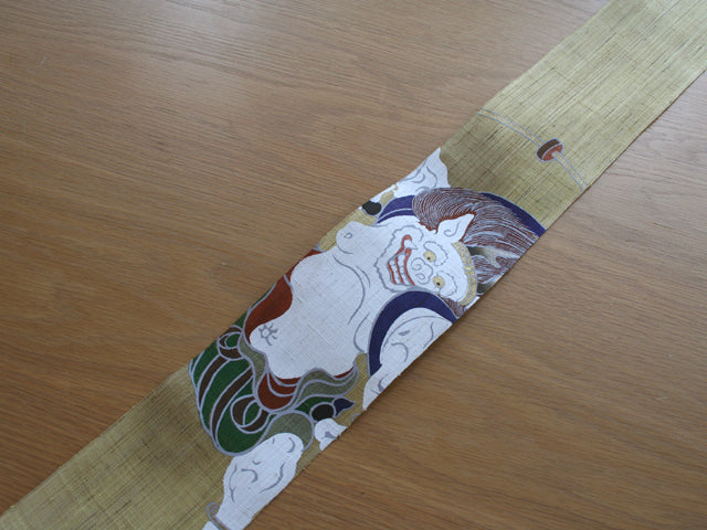 Hand-dyed Linen Japanese Narrow Tapestry - Fujin & Raijin(Wind God & Thunder God) -, Kyoto Noren, Japanese wall hanging scroll