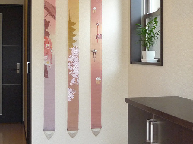 Hand-dyed Linen Japanese Narrow Tapestry - Cherry Blossom and Five-storied Pagoda -, Kyoto Noren, Japanese wall hanging scroll