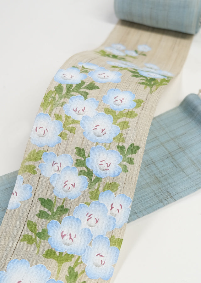 Hand-dyed Linen Japanese Narrow Tapestry - Nemophila -, Kyoto Noren, Japanese wall hanging scroll