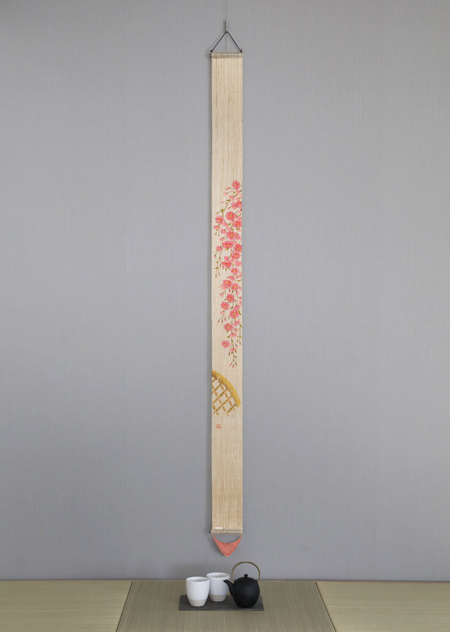 Hand-drawn and Hand-dyed Linen Japanese Narrow Tapestry - Weeping Cherry Blossom -, Kyoto Noren, Japanese wall hanging scroll
