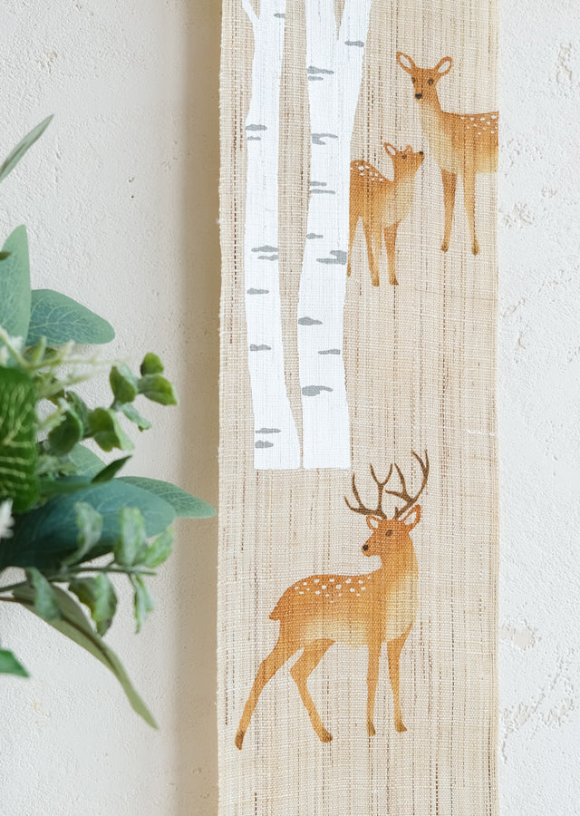 Hand-dyed Linen Japanese Narrow Tapestry - Deer and White Birch -, Kyoto Noren, Japanese wall hanging scroll