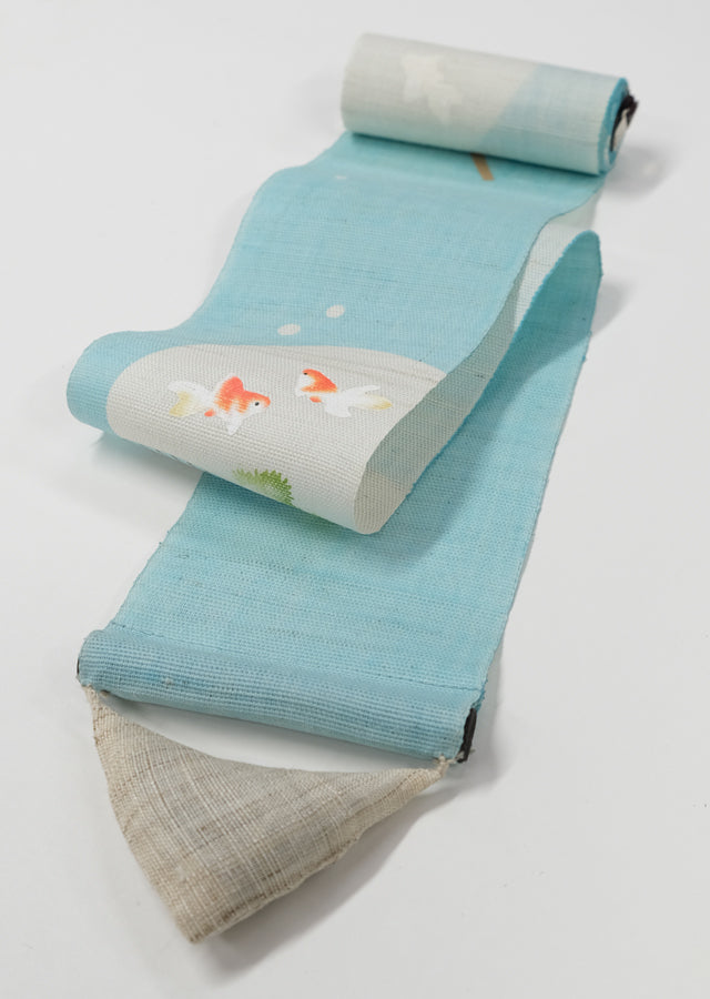 Hand-dyed Linen Japanese Narrow Tapestry - Japanese Fan and Goldfish -, Kyoto Noren, Japanese wall hanging scroll