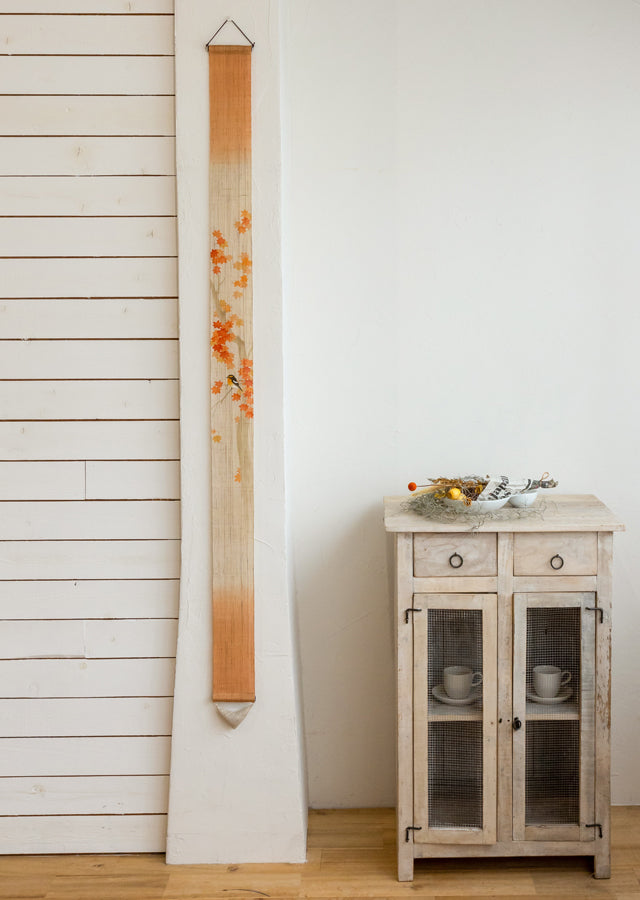 Hand-dyed Linen Japanese Narrow Tapestry - Maple and Narcissus Flycatcher -, Kyoto Noren, Japanese wall hanging scroll