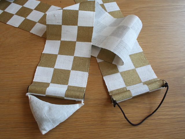 Hand-dyed Linen Japanese Narrow Tapestry - Japanese Check Pattern / Gold -, Kyoto Noren, Japanese wall hanging scroll