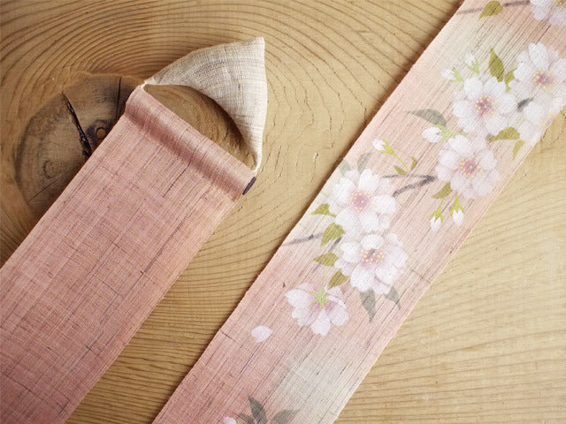 Hand-dyed Linen Japanese Narrow Tapestry - Double Cherry Blossom -, Kyoto Noren, Japanese wall hanging scroll
