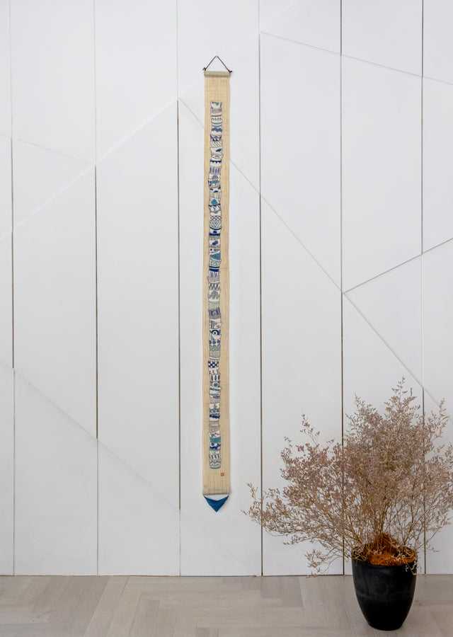 Hand-dyed Linen Japanese Narrow Tapestry - Stack Up Japanese Soba Choko Cup -, Kyoto Noren, Japanese wall hanging scroll