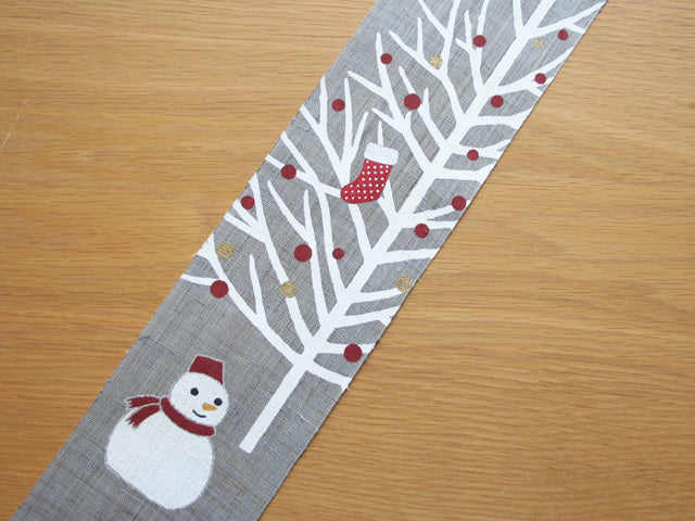 Hand-dyed Linen Japanese Narrow Tapestry - Snow Tree -, Kyoto Noren, Japanese wall hanging scroll