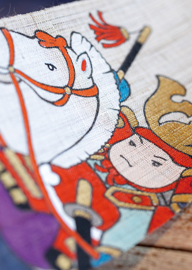 Hand-drawn and Hand-dyed Linen Japanese Narrow Tapestry - Shinme (sacred horse) and Wakadaishou (young leader) -, Kyoto Noren, Japanese wall hanging scroll