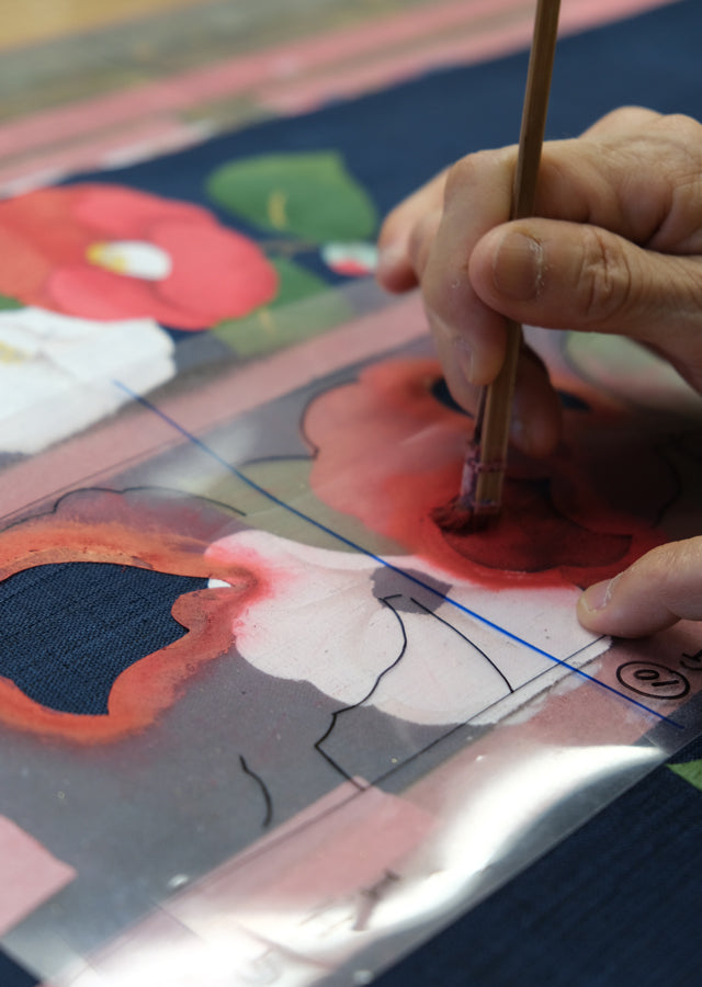 Hand-dyed Linen Japanese Narrow Tapestry - Red Camellia and White Camellia -, Kyoto Noren, Japanese wall hanging scroll