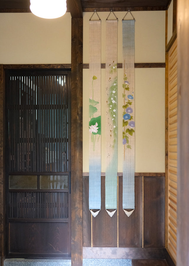 Hand-dyed Linen Japanese Narrow Tapestry - Baikamo (plum flower water plant) -, Kyoto Noren, Japanese wall hanging scroll
