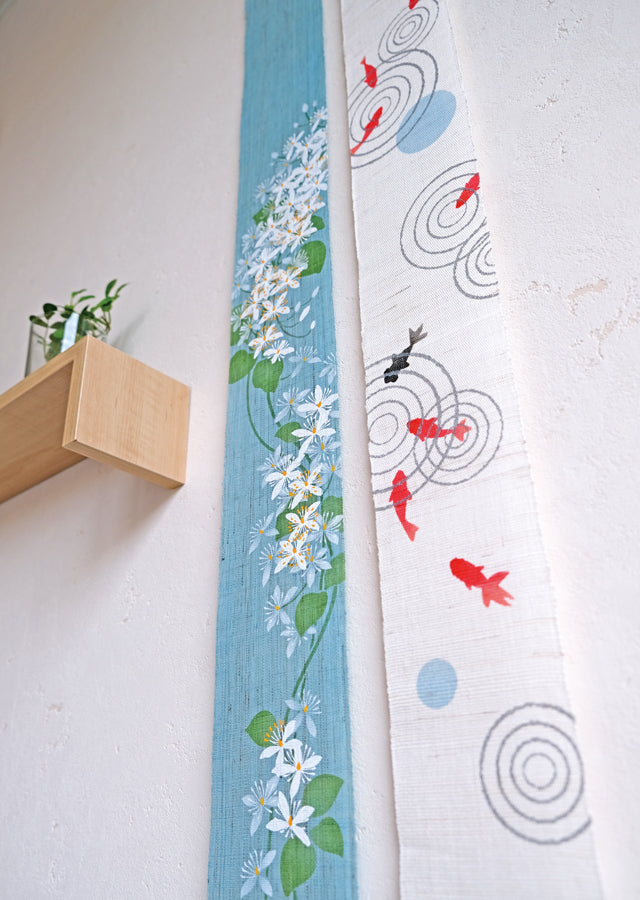 Hand-dyed Linen Japanese Narrow Tapestry - Goldfish -, Kyoto Noren, Japanese wall hanging scroll