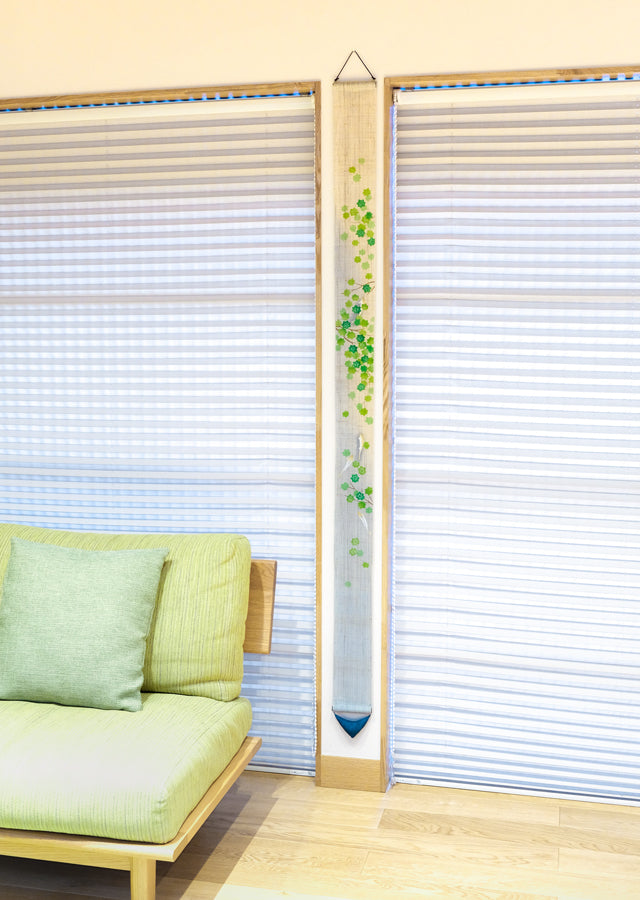 Hand-dyed Linen Japanese Narrow Tapestry - Sweetfish and Green Maple Leaf -, Kyoto Noren, Japanese wall hanging scroll