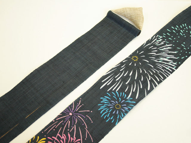 Hand-dyed Linen Japanese Narrow Tapestry - Fireworks -, Kyoto Noren, Japanese wall hanging scroll