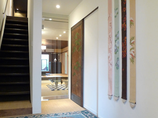 Hand-dyed Linen Japanese Narrow Tapestry - Long-tailed Tit -, Kyoto Noren, Japanese wall hanging scroll