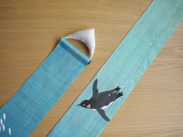 Hand-dyed Linen Japanese Narrow Tapestry - First Penguin -, Kyoto Noren, Japanese wall hanging scroll