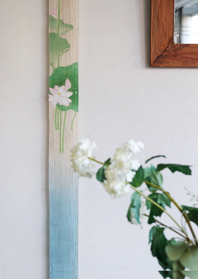 Hand-dyed Linen Japanese Narrow Tapestry - Lotus Flower -, Kyoto Noren, Japanese wall hanging scroll