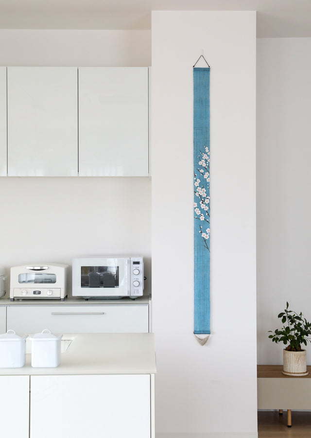 Hand-dyed Linen Japanese Narrow Tapestry - Japanese Apricot -, Kyoto Noren, Japanese wall hanging scroll