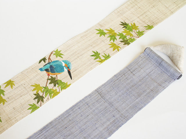 Hand-dyed Linen Japanese Narrow Tapestry - Kingfisher -, Kyoto Noren, Japanese wall hanging scroll