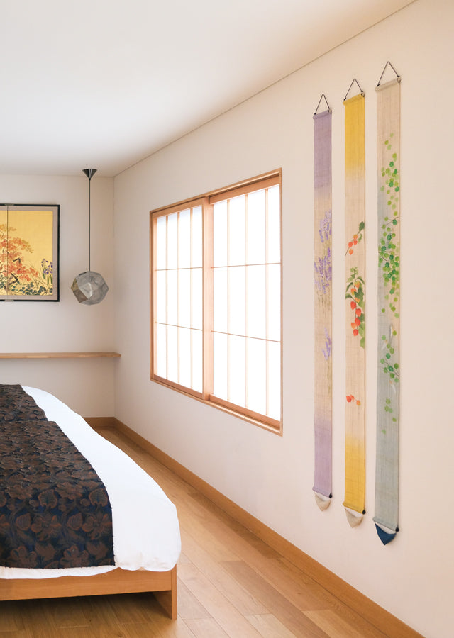 Hand-dyed Linen Japanese Narrow Tapestry - Ground Cherry -, Kyoto Noren, Japanese wall hanging scroll