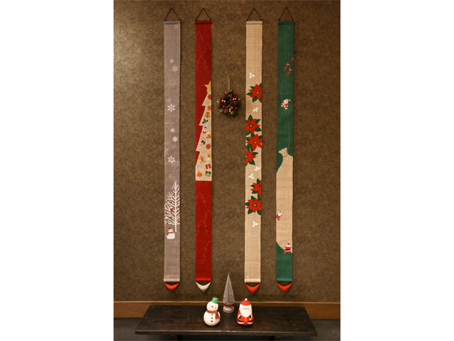 Hand-dyed Linen Japanese Narrow Tapestry - Poinsettia -, Kyoto Noren, Japanese wall hanging scroll