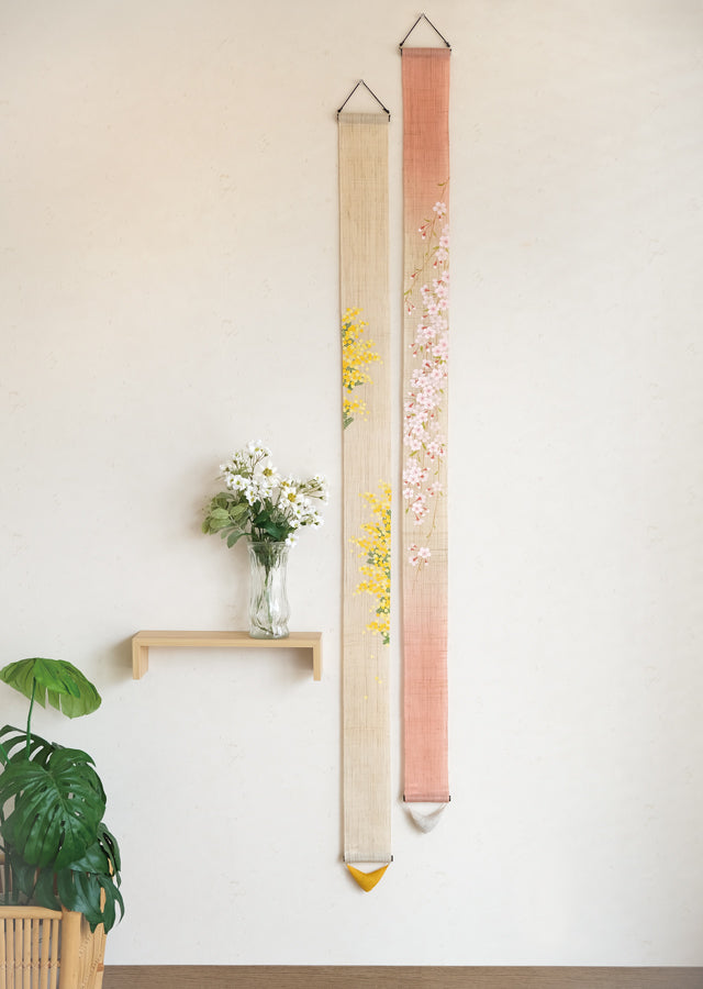 Hand-dyed Linen Japanese Narrow Tapestry - Mimosa -, Kyoto Noren, Japanese wall hanging scroll