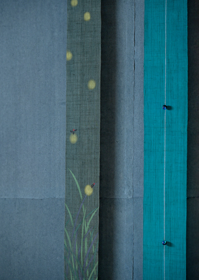 Hand-dyed Linen Japanese Narrow Tapestry - Firefly -, Kyoto Noren, Japanese wall hanging scroll